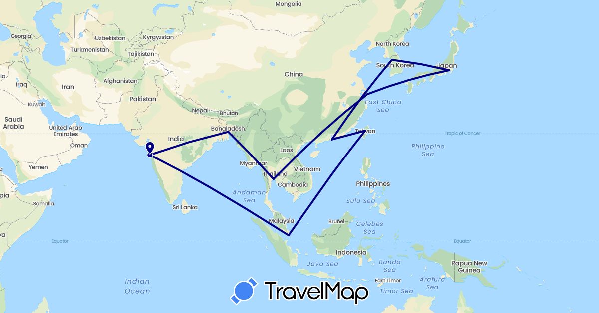 TravelMap itinerary: driving in Bangladesh, China, India, Japan, South Korea, Singapore, Thailand, Taiwan (Asia)